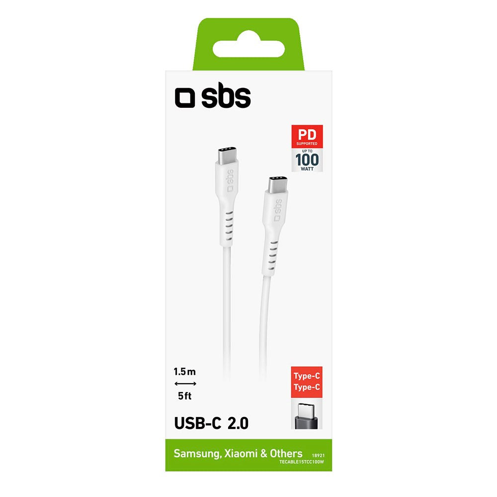 SBS USB-C til USB-C Kabel - 1.5 Meter - 100W (PD) - Hvit