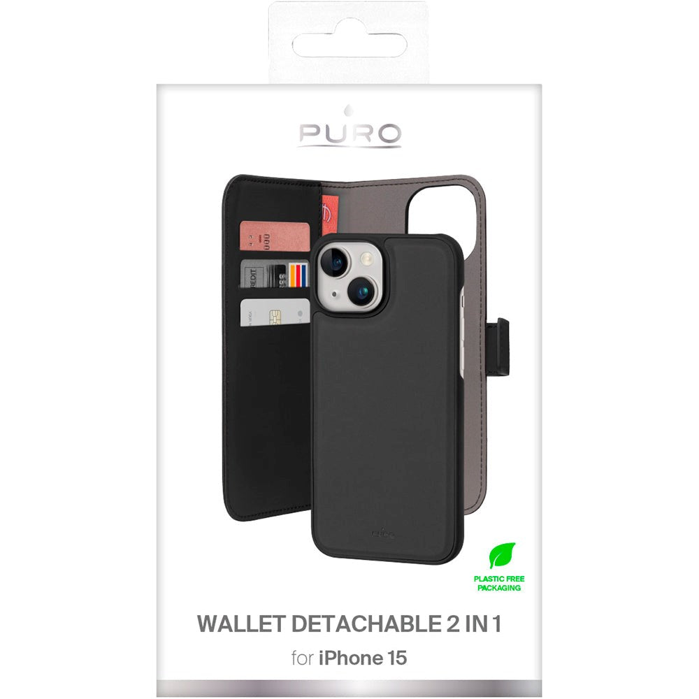 iPhone 15 Puro Wallet Detachable 2-In-1 Deksel - Svart