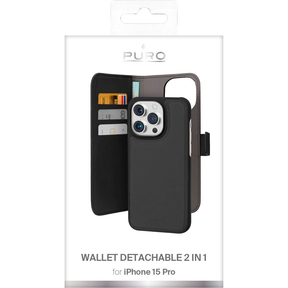 iPhone 15 Pro Puro Wallet Detachable 2-In-1 Deksel - Svart