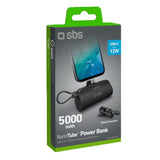 SBS Powerbank Nano Tube 12W / 5000mAh med Stativ og USB-C - USB-C-kabel - Svart