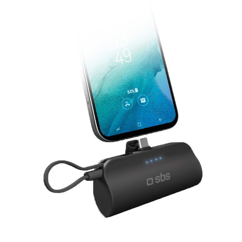 SBS Powerbank Nano Tube 12W / 5000mAh med Stativ og USB-C - USB-C-kabel - Svart