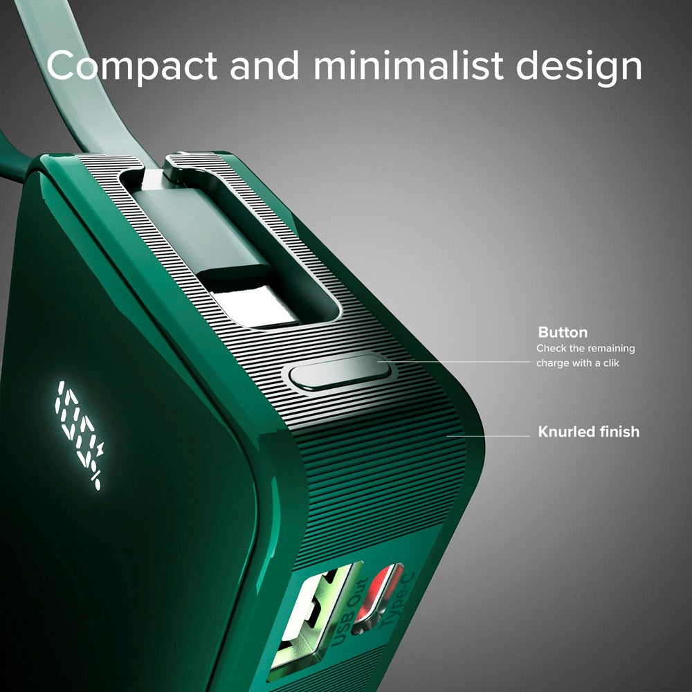 SBS - 20W LCD PowerBank m. 1x USB-A & 1x USB-C - 10.000 mAh - Grønn