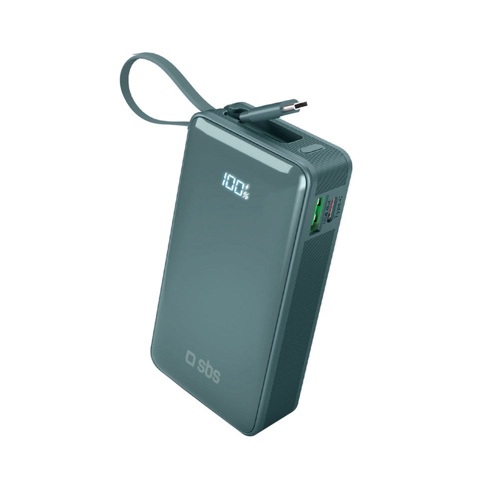 SBS - 20W LCD PowerBank m. 1x USB-A & 1x USB-C - 10.000 mAh - Lyseblå
