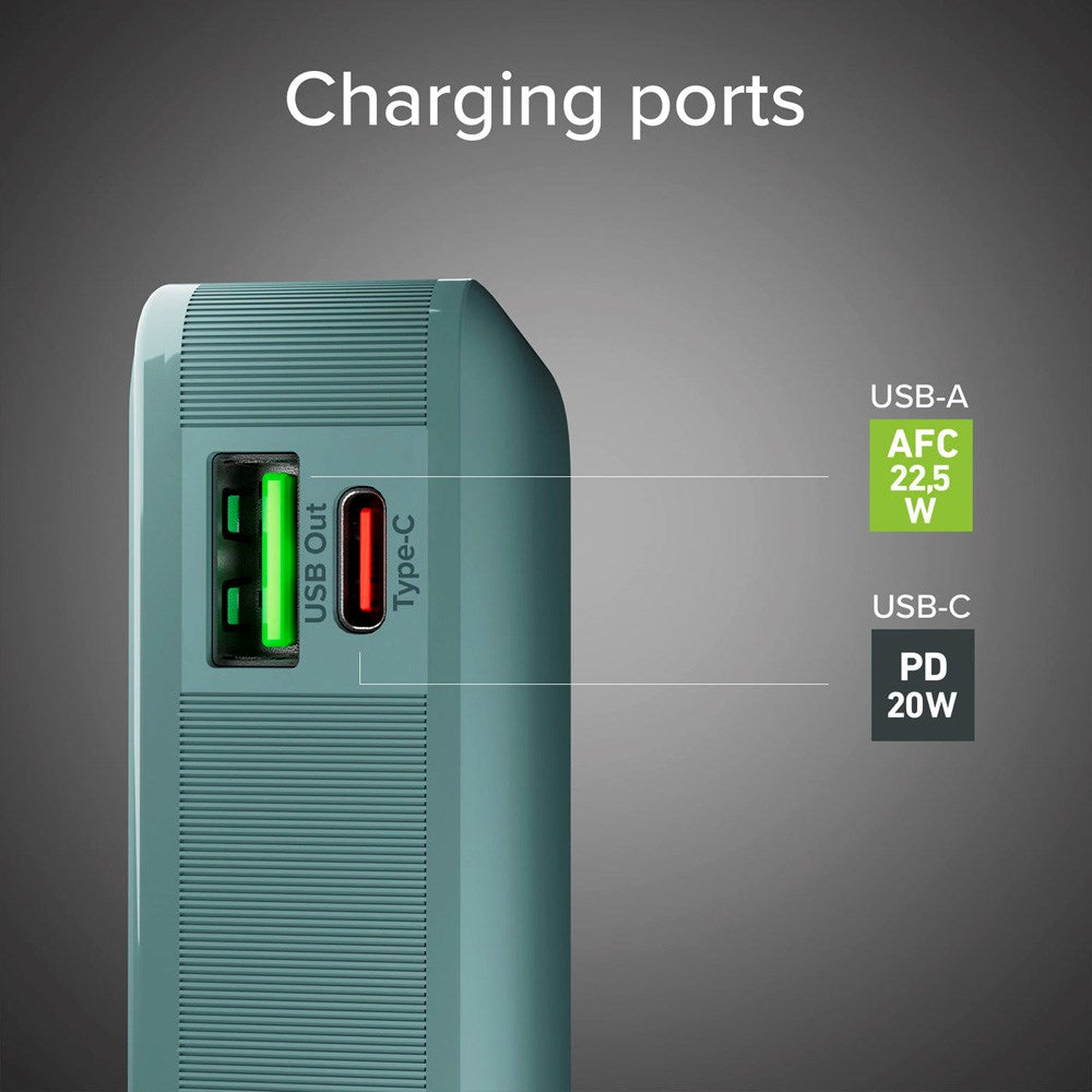 SBS - 20W LCD PowerBank m. 1x USB-A & 1x USB-C - 10.000 mAh - Lyseblå