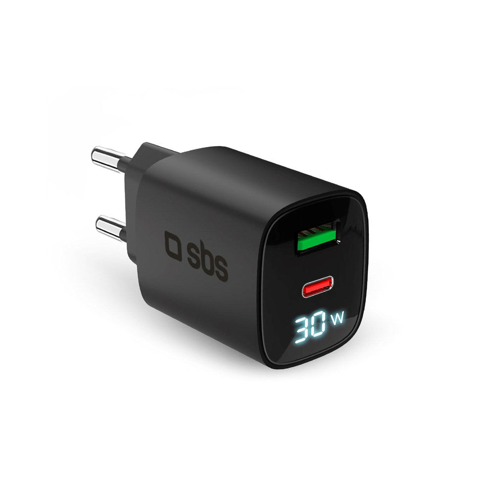SBS - 30W LCD Vegglader m. 1x USB-A & 1x USB-C - Svart