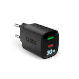 SBS - 30W LCD Vegglader m. 1x USB-A & 1x USB-C - Svart