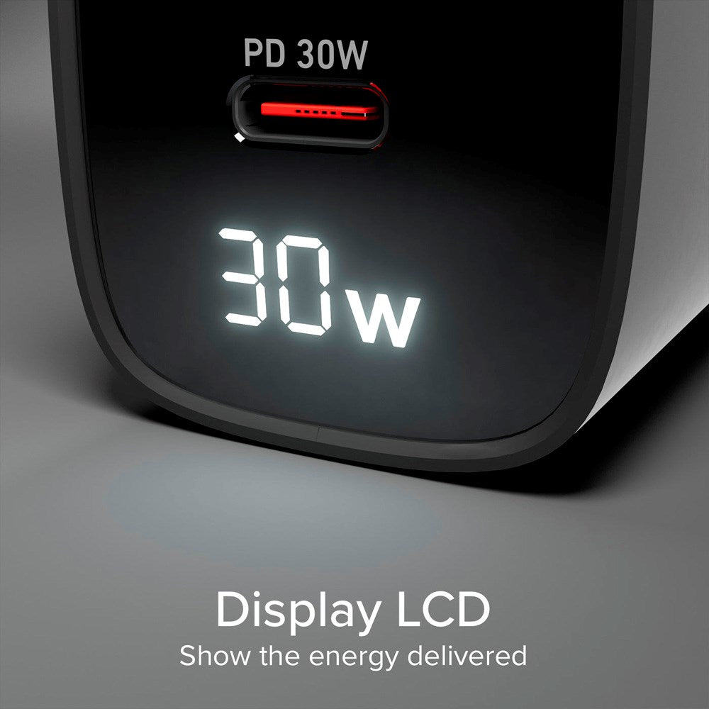 SBS - 30W LCD Vegglader m. 1x USB-A & 1x USB-C - Svart