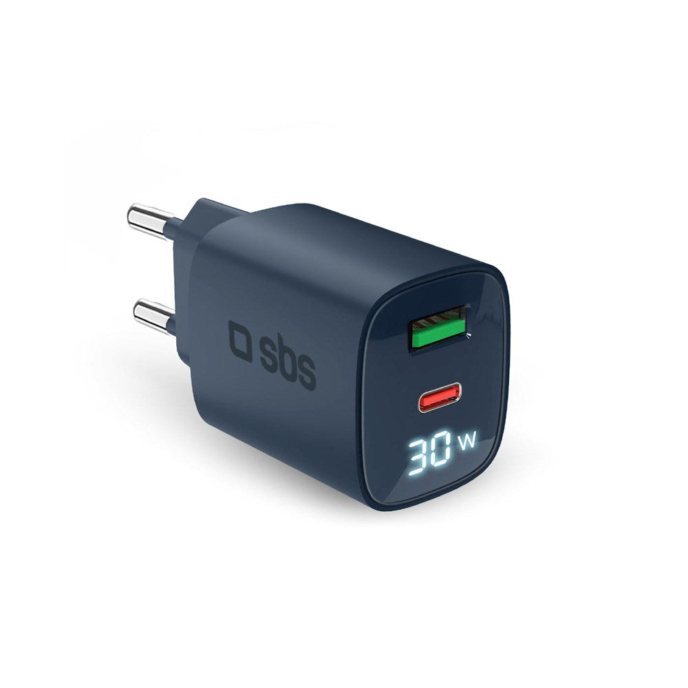 SBS - 30W LCD Vegglader m. 1x USB-A & 1x USB-C - Blå