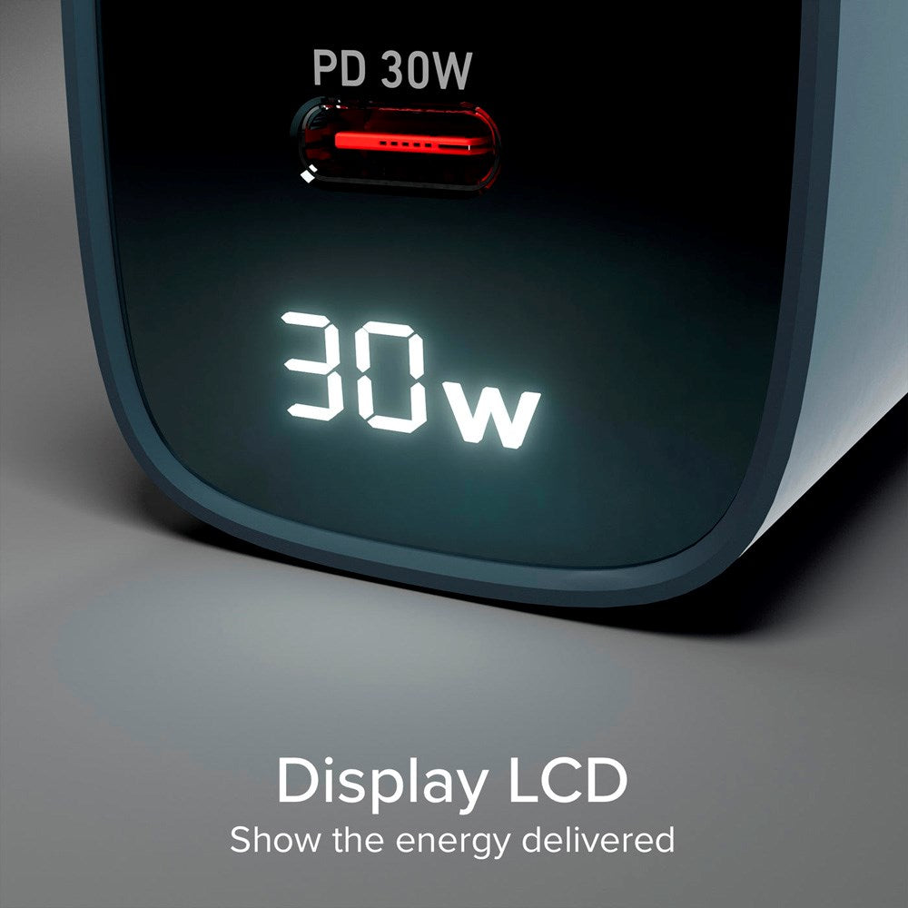 SBS - 30W LCD Vegglader m. 1x USB-A & 1x USB-C - Blå