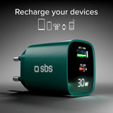 SBS - 30W LCD Vegglader m. 1x USB-A & 1x USB-C - Grønn