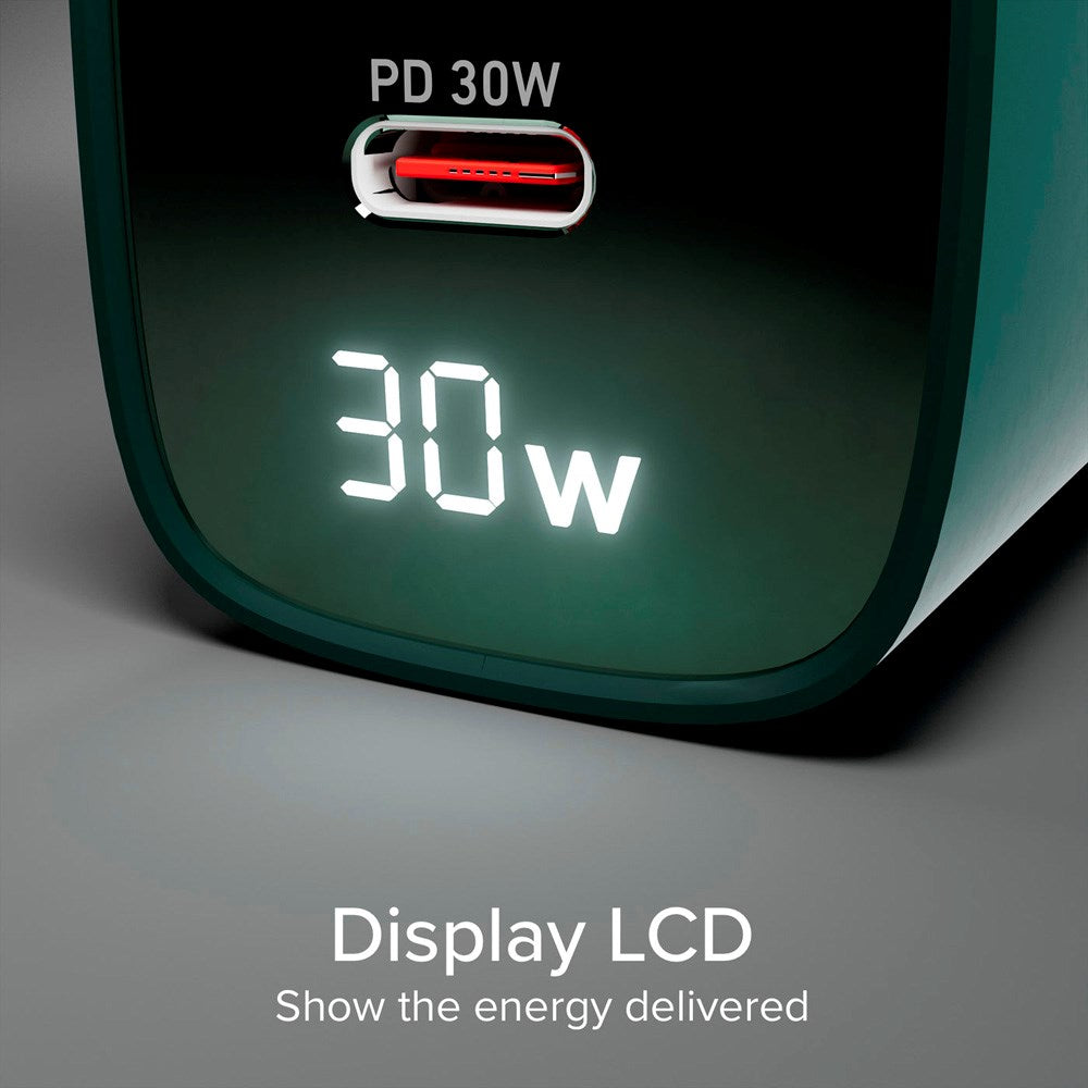 SBS - 30W LCD Vegglader m. 1x USB-A & 1x USB-C - Grønn