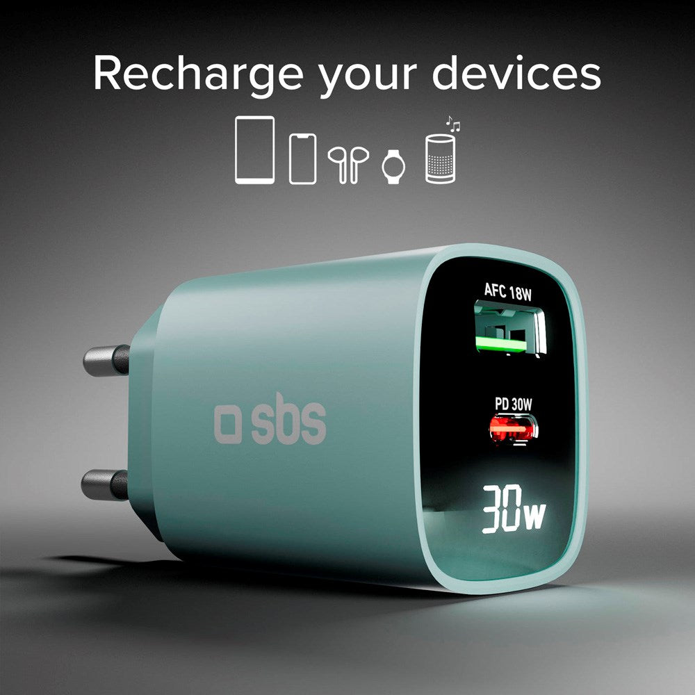 SBS - 30W LCD Vegglader m. 1x USB-A & 1x USB-C - Lysblå