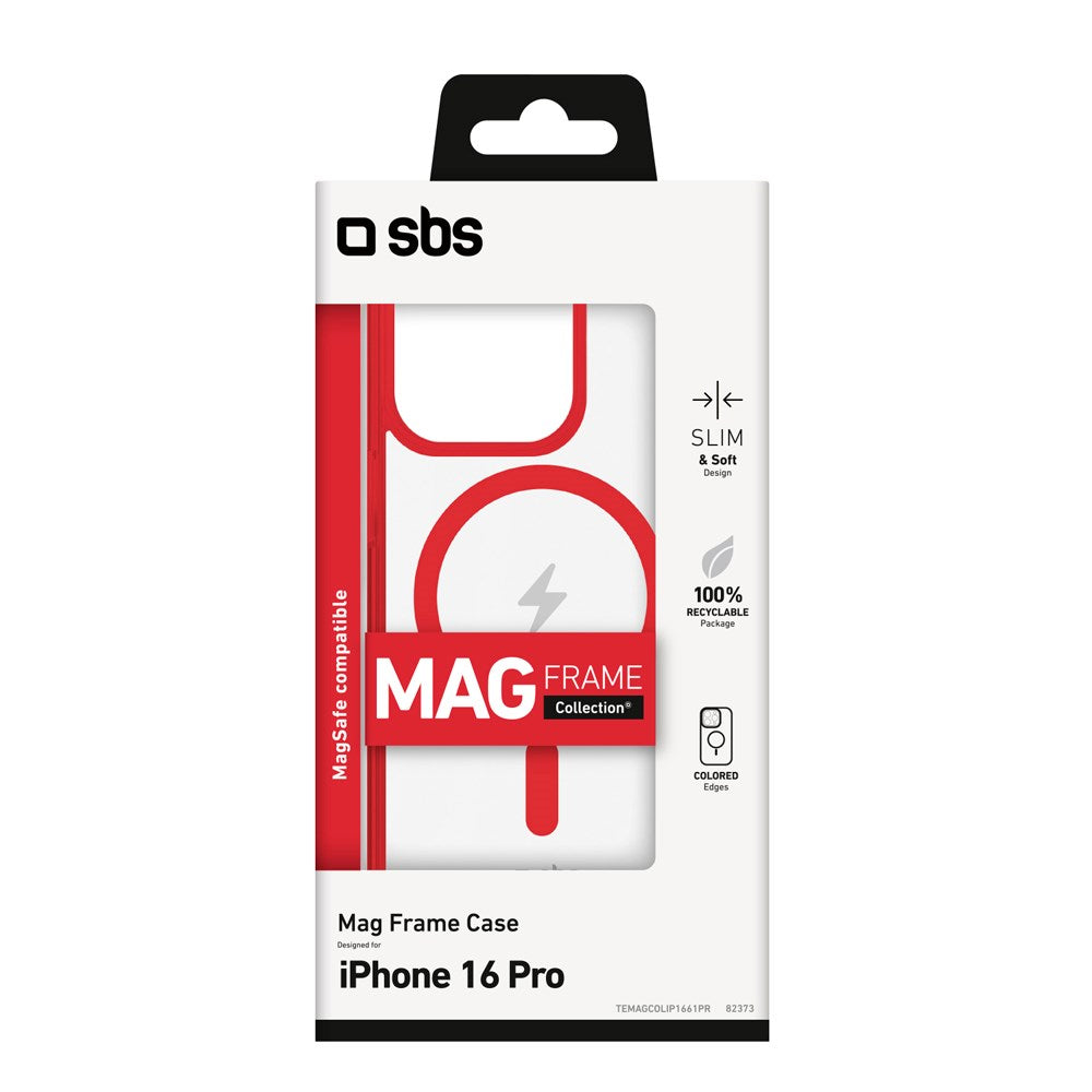 SBS iPhone 16 Pro Mag Frame Deksel - MagSafe Kompatibel - Gjennomsiktig / Rød