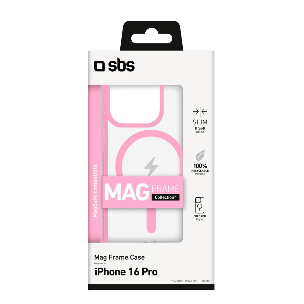 SBS iPhone 16 Pro Mag Frame Deksel - MagSafe Kompatibel - Gjennomsiktig / Rosa