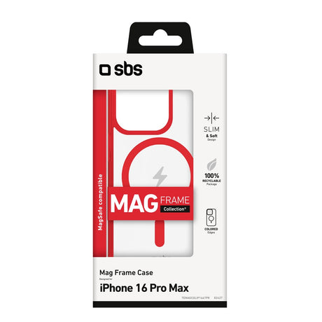 SBS iPhone 16 Pro Max Mag Frame Deksel - MagSafe Kompatibel - Gjennomsiktig / Rød