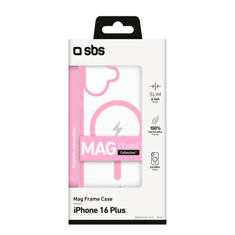 SBS iPhone 16 Plus Mag Frame Deksel - MagSafe Kompatibel - Gjennomsiktig / Rosa