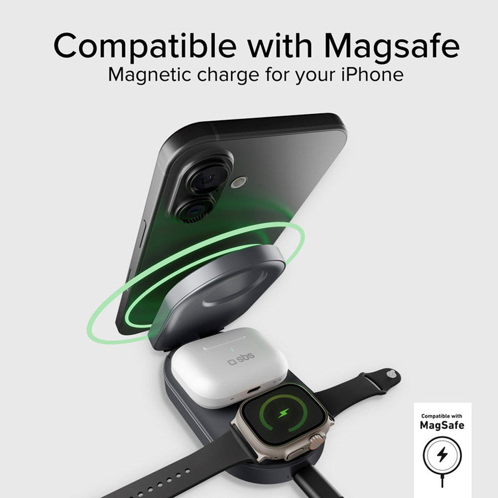 SBS Qi2 3-i-1 Foldbar Trådløs Lader - MagSafe Kompatibel - Svart