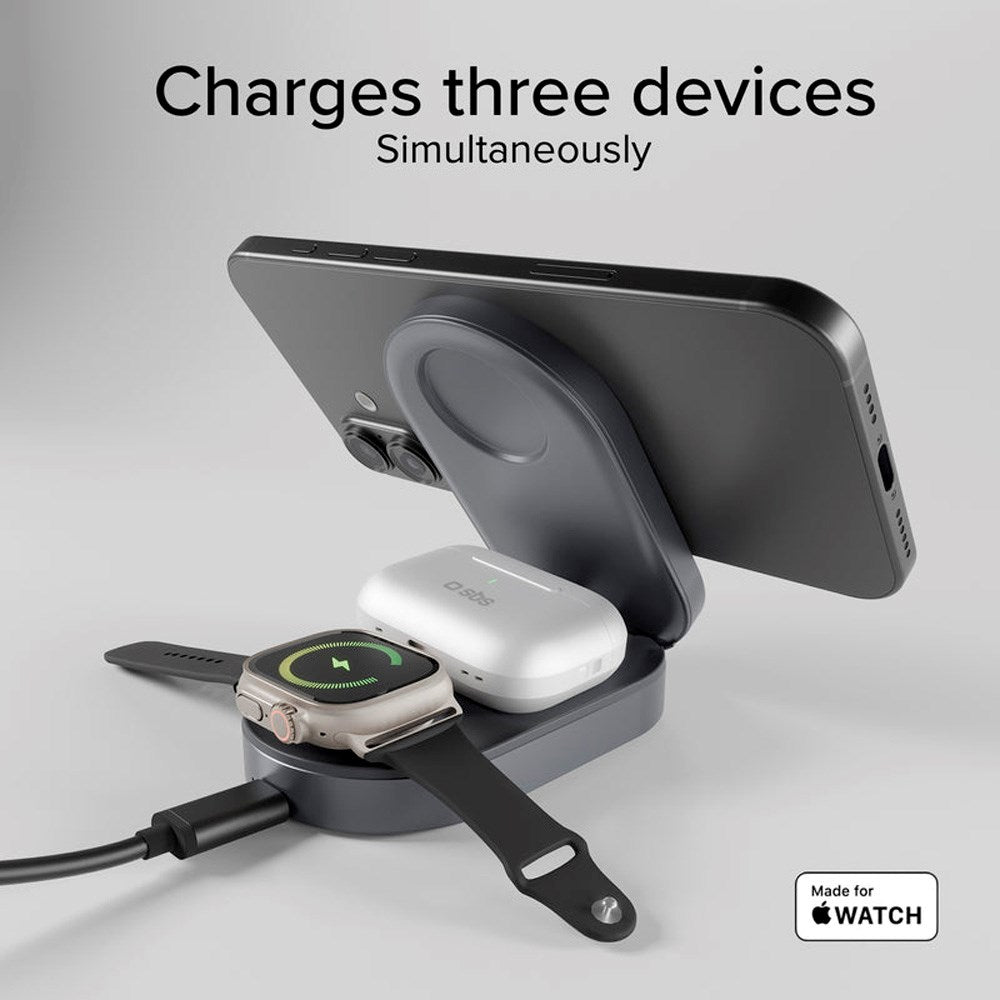 SBS Qi2 3-i-1 Foldbar Trådløs Lader - MagSafe Kompatibel - Svart