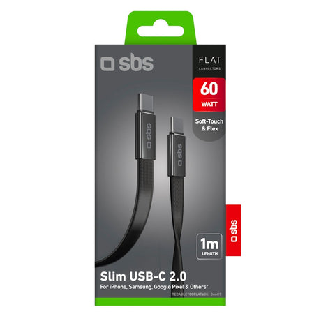 SBS 60W Flat USB-C til USB-C Kabel – 1m – Svart