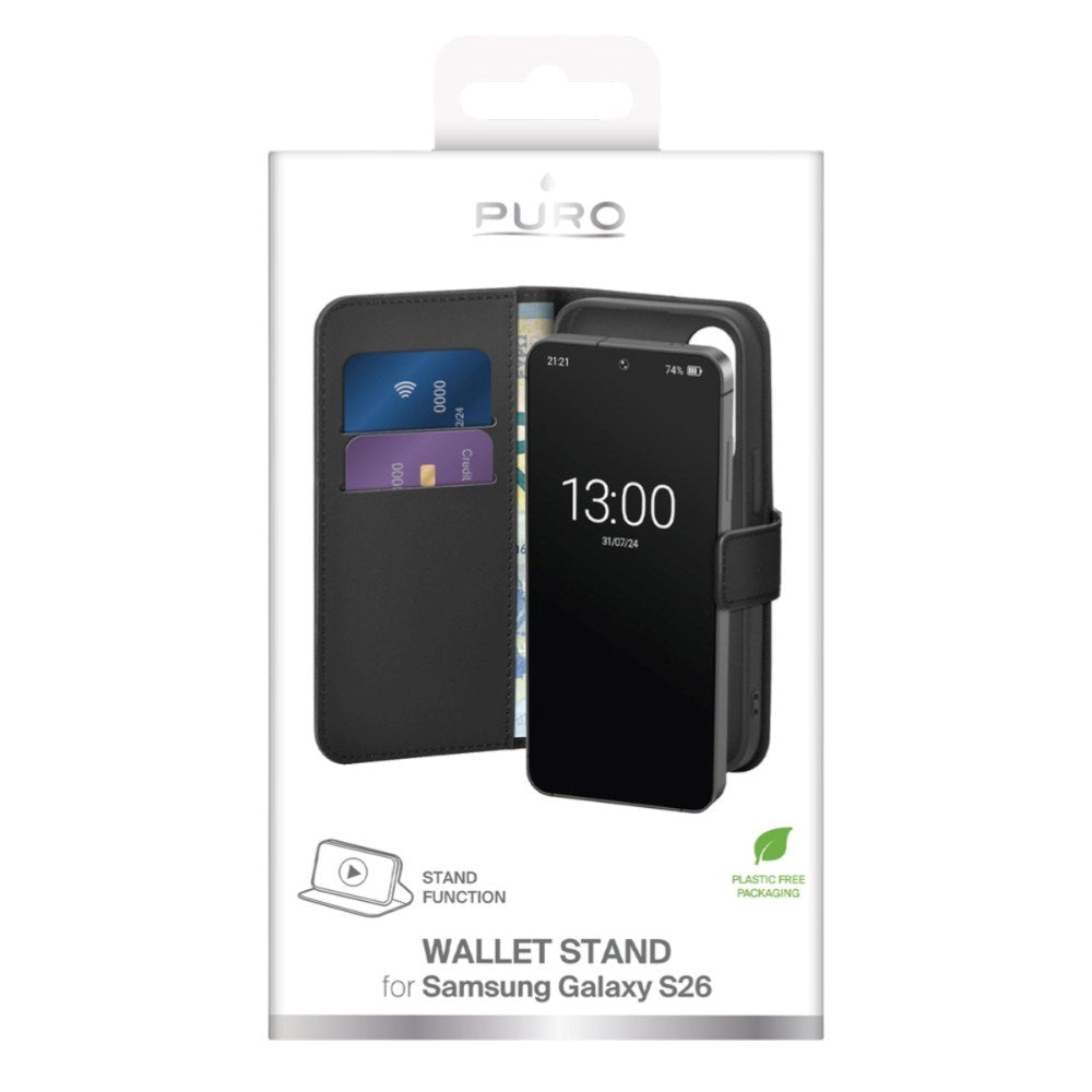 Samsung Galaxy S26 PURO Eco-Leather Flip Deksel m. Kortholder & Stativfunksjon - Svart