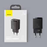 Baseus Compact 20W Vegglader USB -C / USB-A QC Hurtiglading - Svart