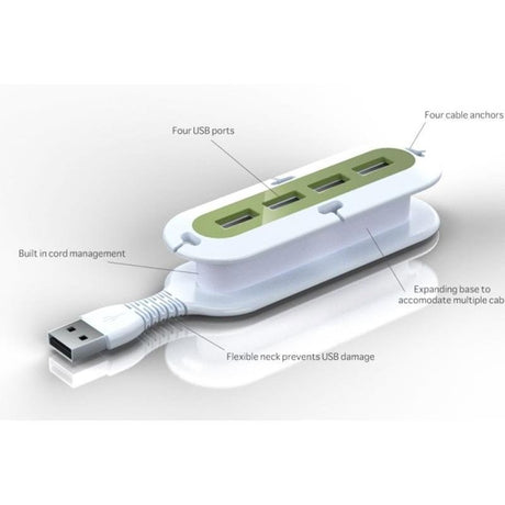 Contort From Quirky - 4-port USB Hub m. Kabelorganizer & SuperFlex - Hvit / Grønn