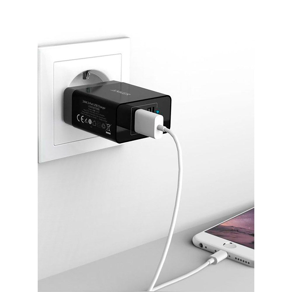 Anker Vegglader 24W med 2 x USB-A - Svart