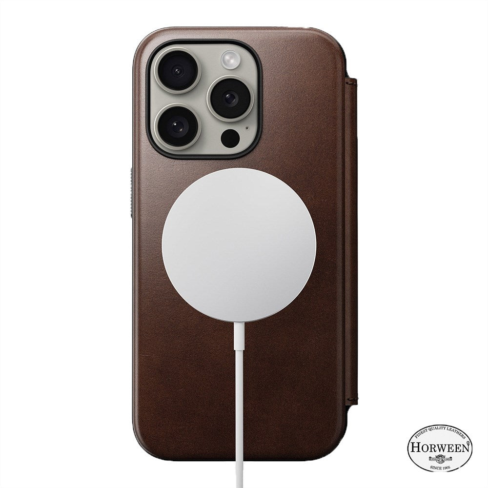 iPhone 15 Pro Nomad Modern Horween Leather Folio Deksel - MagSafe Kompatibel - Brun