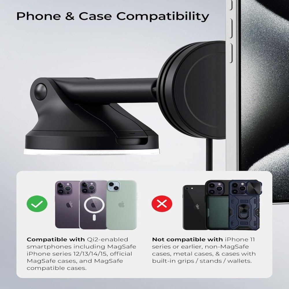 iOttie Velox Qi2 Mobilholder m. Trådløs Lader - Dashbord / Vindusrute - MagSafe Kompatibel - Svart