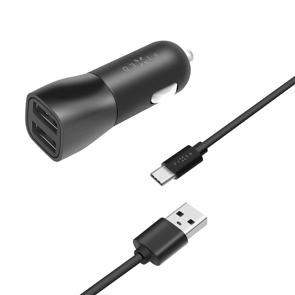 Fixed Dual Billader 15W m. 2 x USB-A og 1 x USB-A til USB-C Kabel - Svart