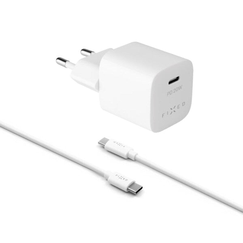 Fixed Mini Vegglader m. 1x USB-C / 1x USB-C Kabel 20W - 1m - Hvit
