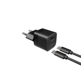 Fixed Mini Vegglader m. 1x USB-C / 1x USB-C Kabel 20W - 1m - Svart
