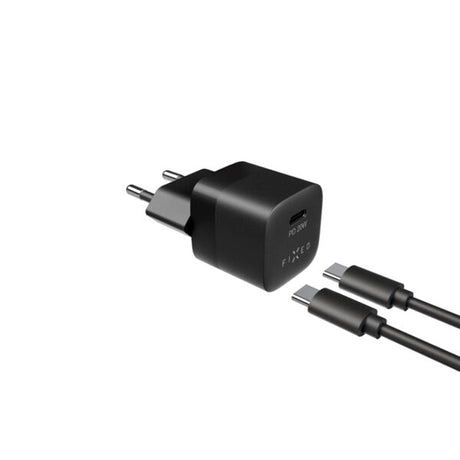 Fixed Mini Vegglader m. 1x USB-C / 1x USB-C Kabel 20W - 1m - Svart