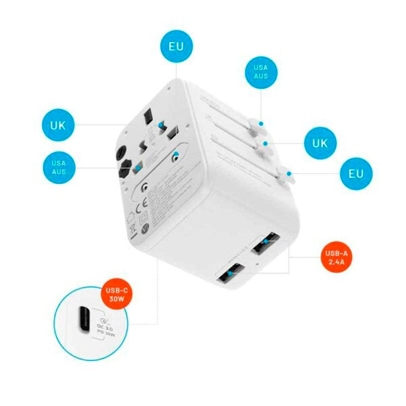 Fixed Universal Reise Adapter 30W EU / UK / USA / AUS - Hvit