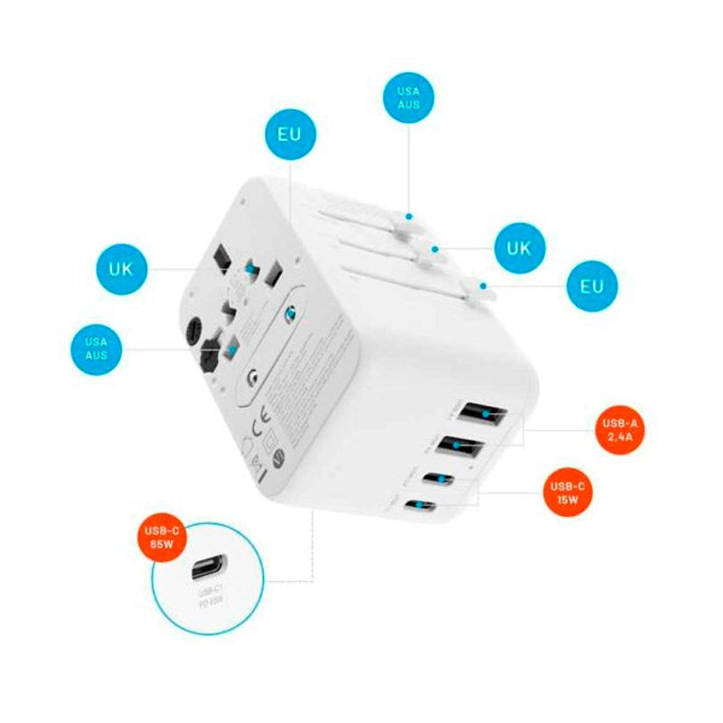 Fixed Universal Reise Adapter 65W EU / UK / USA / AUS - Hvit