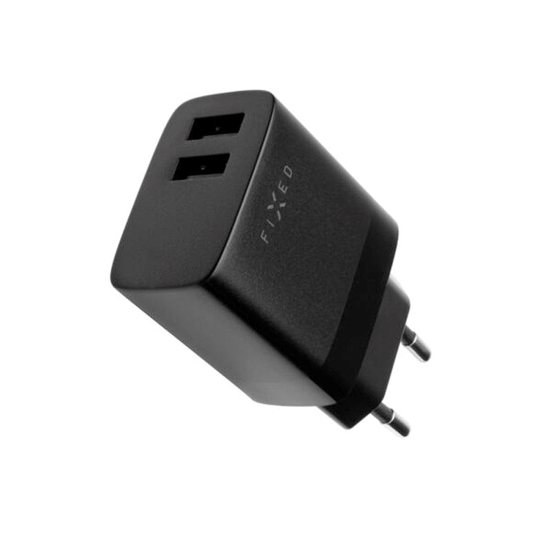 Fixed Vegglader m. 2x USB-A / 1x USB-C Kabel 17W - 1m - Svart