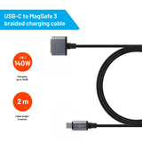 Fixed Braided USB-C til MagSafe 3 Kabel 140W - 2m - Grå