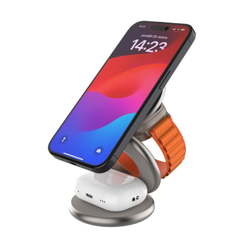 Fast MagFlex Round Sammenleggbar 3-i-1 Trådløs Lader - Mobil / Hodetelefoner / Smartwatch - MagSafe Kompatibel - Titanium