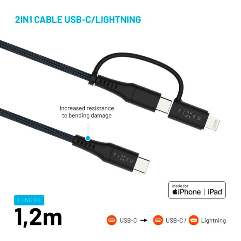 Fixed 2-i-1 60W USB-C til Lightning Kabel 1.2m - Svart