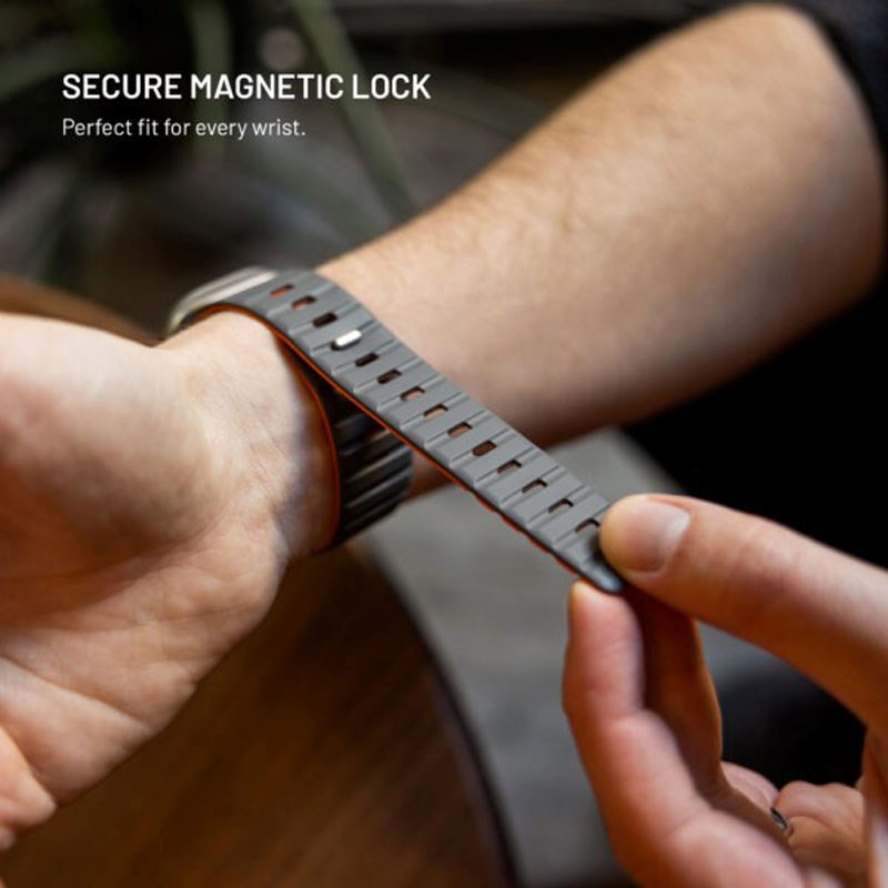 Apple Watch (42/44/SE/45/46/49 mm) Fixed Magnetisk Silikonrem – Grå / Oransje
