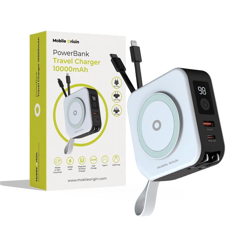 Mobile Origin Reise Lader m. Powerbank 10.000 mAh - MagSafe Kompatibel - Hvit