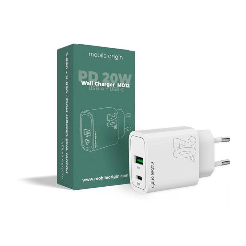 Mobile Origin MO12 20W Vegglader m. 1x USB-A & 1x USB-C - Hvit