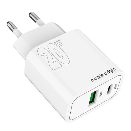 Mobile Origin MO12 20W Vegglader m. 1x USB-A & 1x USB-C - Hvit