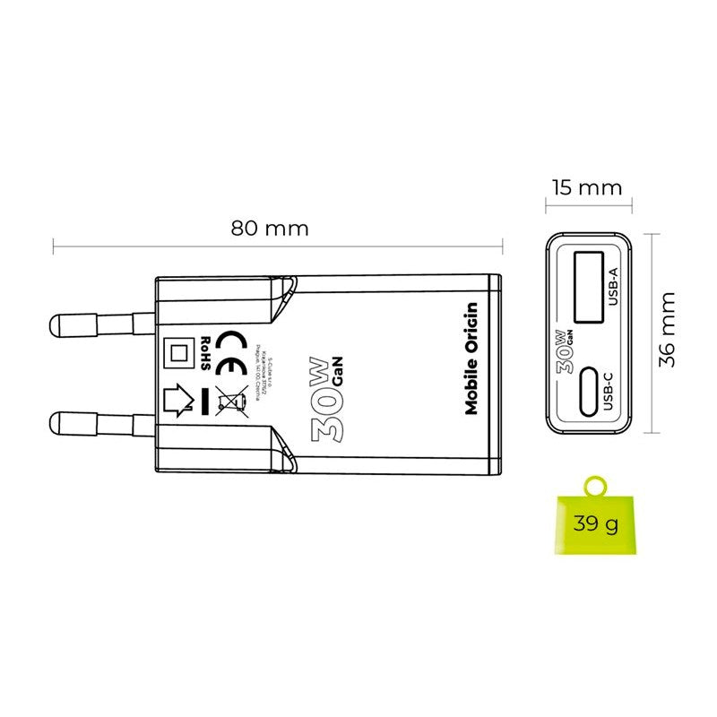 Mobile Origin MO16 30W Slim Vegglader m. 1x USB-C & 1x USB-A - Hvit