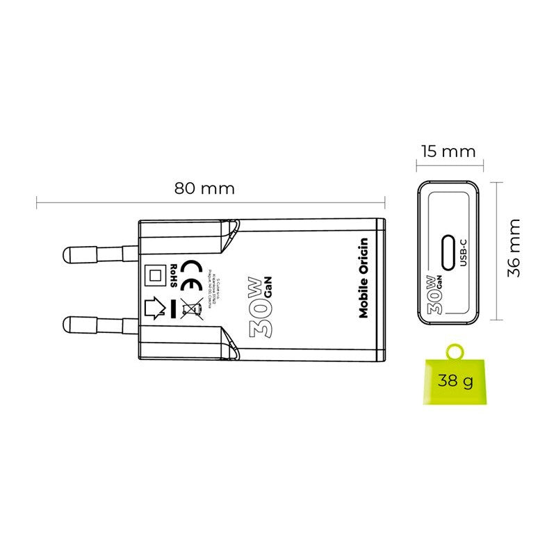 Mobile Origin MO17 30W Slim Vegglader m. 1x USB-C - Hvit