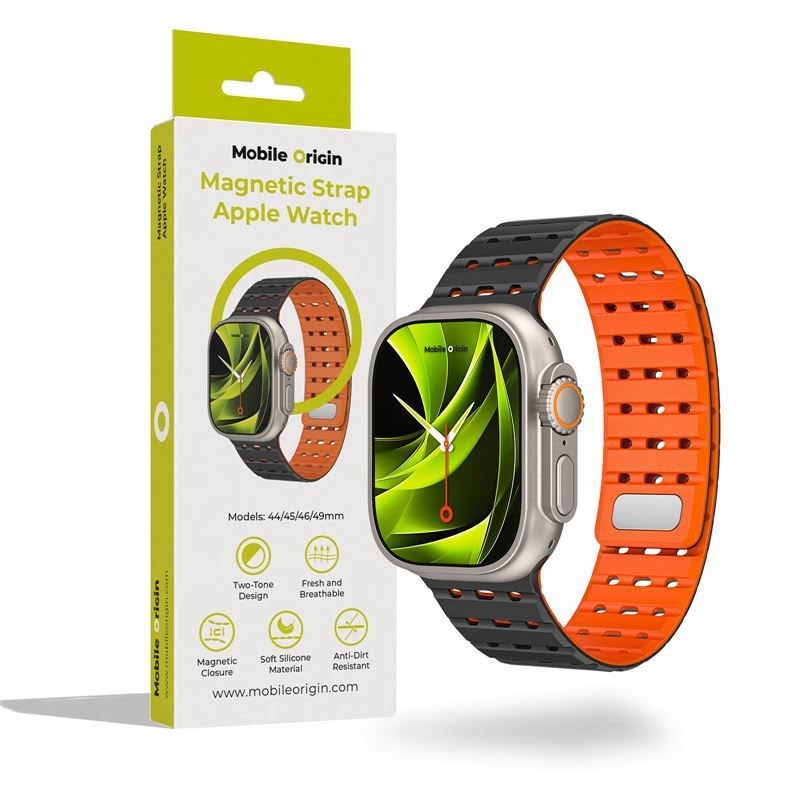 Apple Watch (42/44/SE/45/46/49mm) Mobile Origin Magnetisk Silikonrem – Svart / Oransje