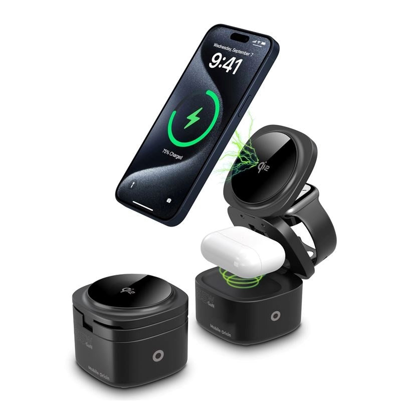 Mobile Origin Sammenleggbar Qi2 5-i-1 Trådløs Lader - 65W - Svart