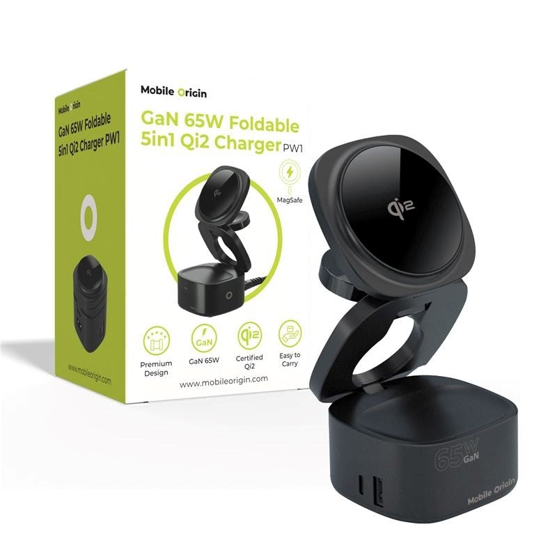 Mobile Origin Sammenleggbar Qi2 5-i-1 Trådløs Lader - 65W - Svart