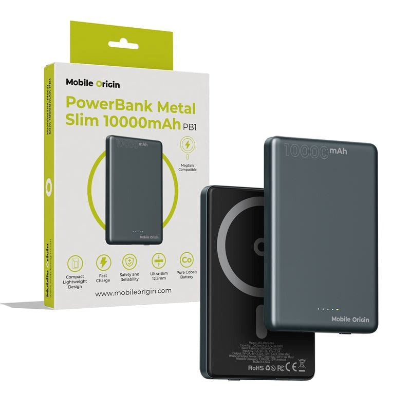 Mobile Origin Slim 10.000mAh Powerbank 20W med USB-C - MagSafe Kompatibel - Grå