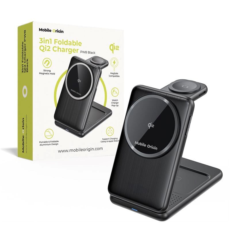 Mobile Origin 3-i-1 Qi2 Sammenleggbar Trådløs Lader for Telefon & Apple Watch & Øretelefoner – Svart